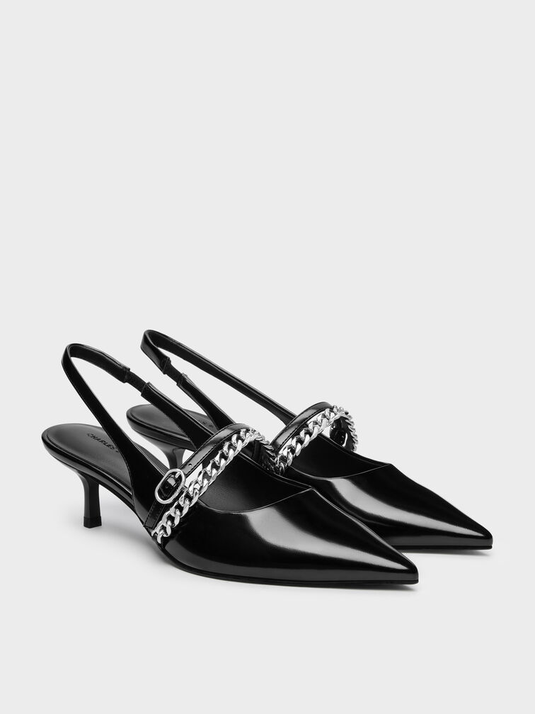 Georgie Chain Slingback Kitten Heels, Black Boxed, hi-res