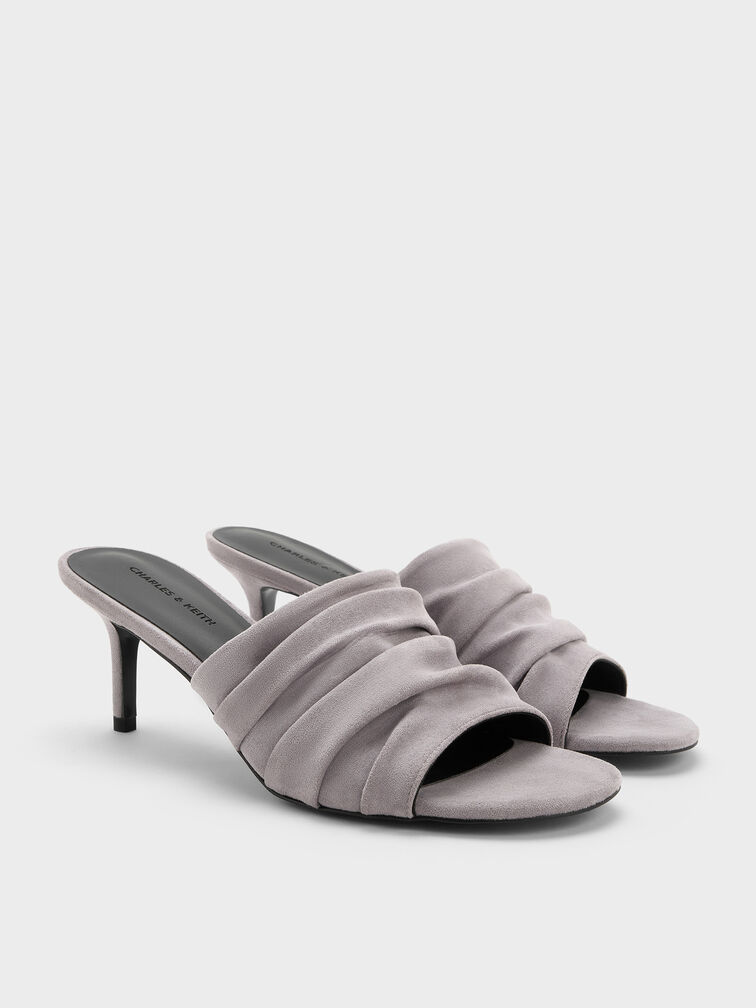 Faux Suede Ruched Heeled Mules, Lilac, hi-res
