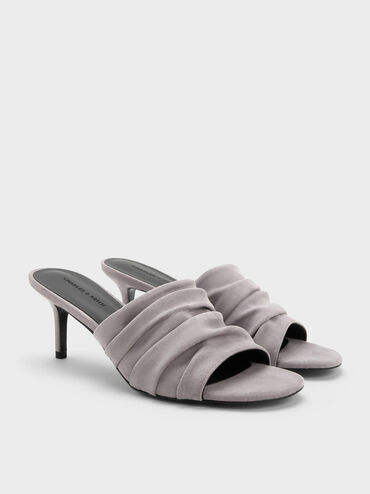 Faux Suede Ruched Heeled Mules, Lilac, hi-res
