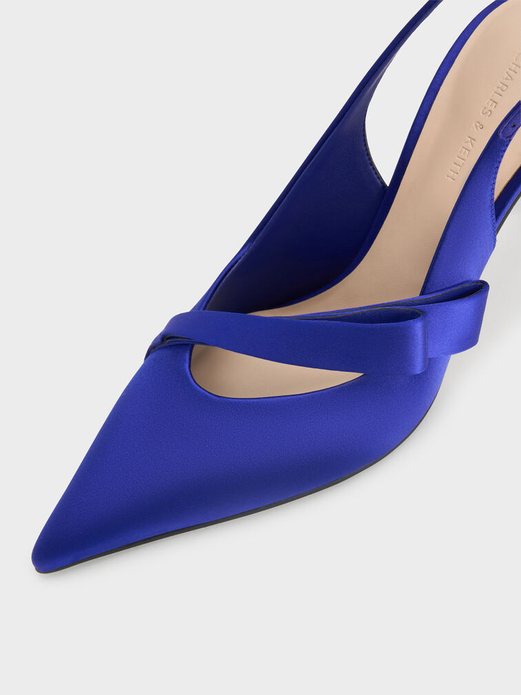 Satin Pleated-Strap Slingback Pumps, Blue, hi-res