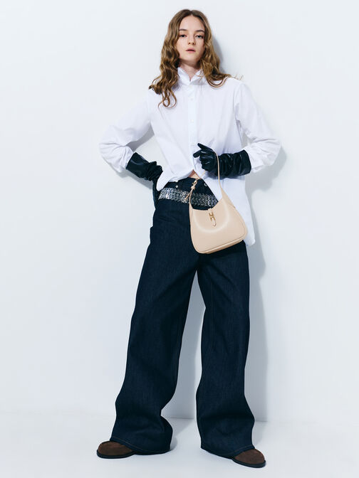 شنطة هوبو ميني أدالين بمشبك معدني وحزام, بيج مخملي, hi-res