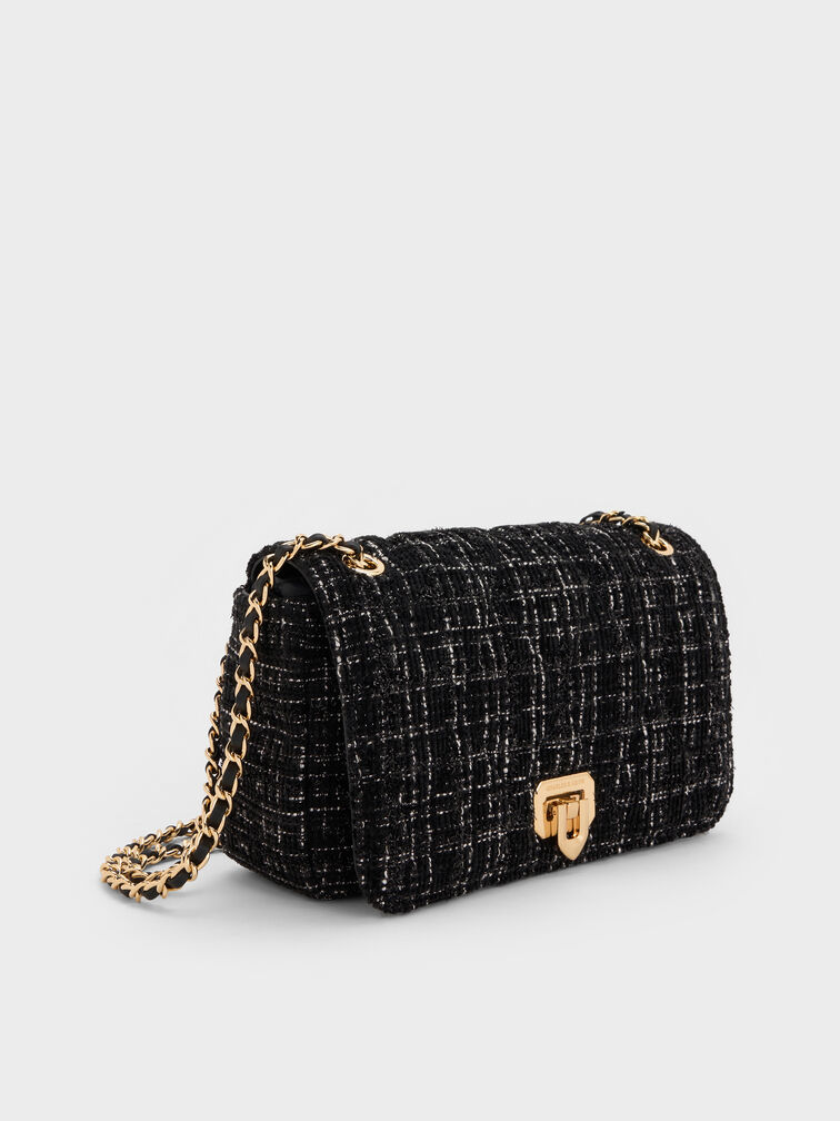 Arwen Tweed Diamond-Quilt Shoulder Bag, Black Tweed, hi-res