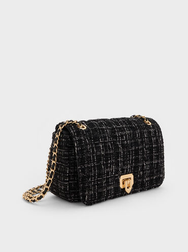 Arwen Tweed Diamond-Quilt Shoulder Bag, Black Tweed, hi-res