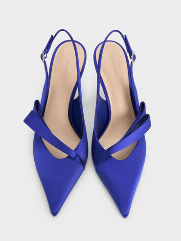 Satin Pleated-Strap Slingback Pumps, Blue, hi-res