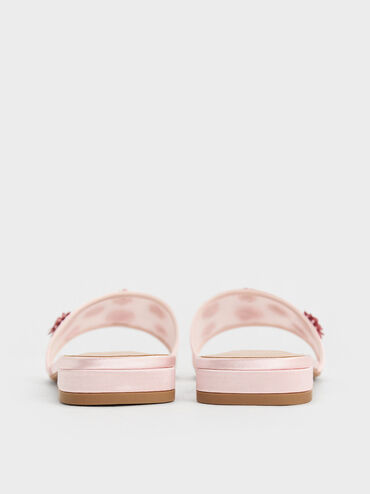 Mesh & Satin Sequin-Flower Slide Sandals, Pink, hi-res