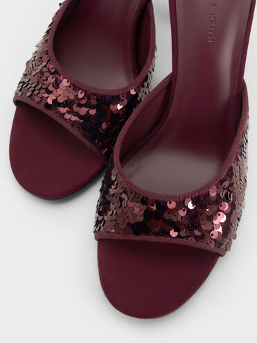 Sequinned Stiletto-Heel Mules, Burgundy, hi-res