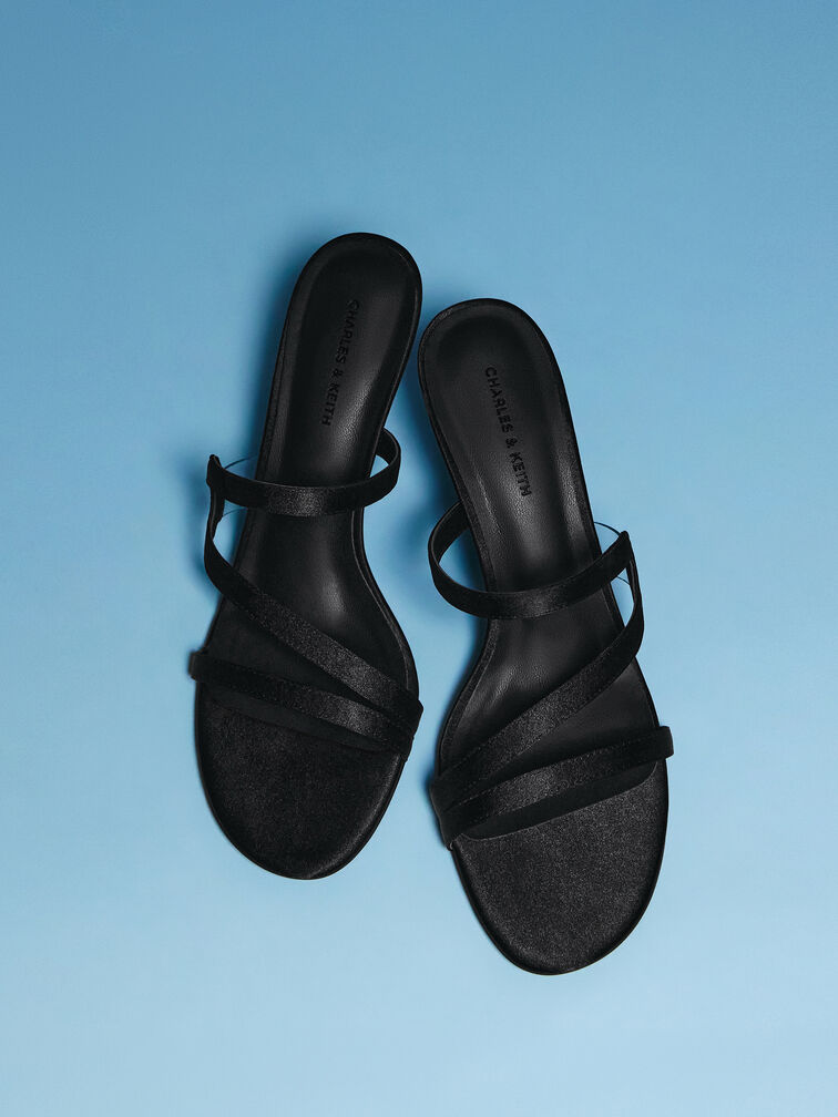 Arden Satin Wavy Heeled Mules, Black Textured, hi-res