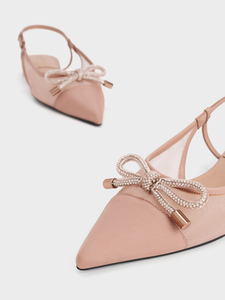 Embellished-Bow Mesh Slingback Ballerinas, Nude, hi-res