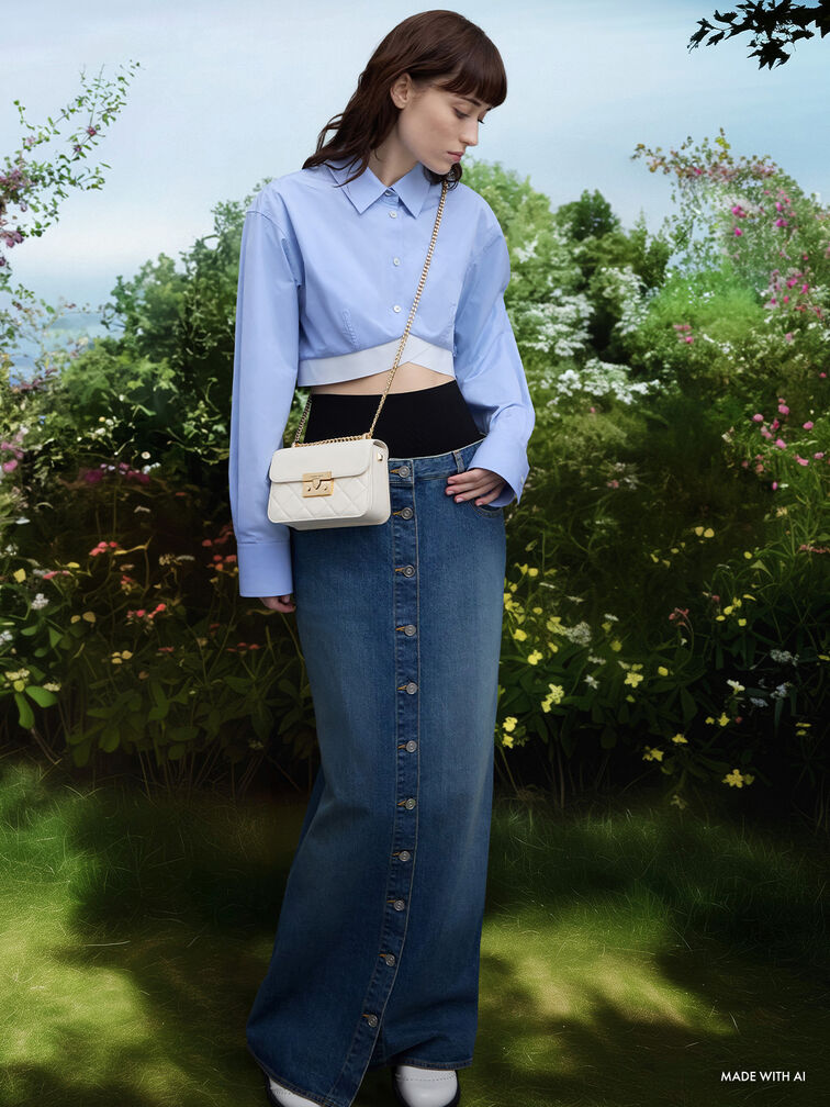 حقيبة ألفا بتصميم مبطن ومقبض على شكل سلسلة, كريمي, hi-res