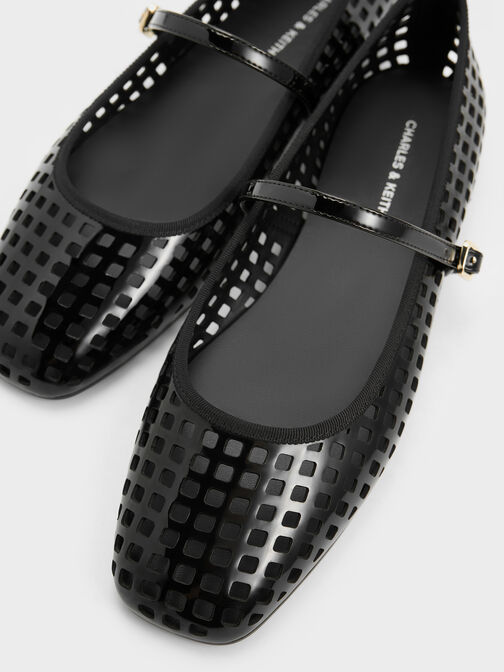 Patent Perforated Mary Jane Flats, Black Patent, hi-res