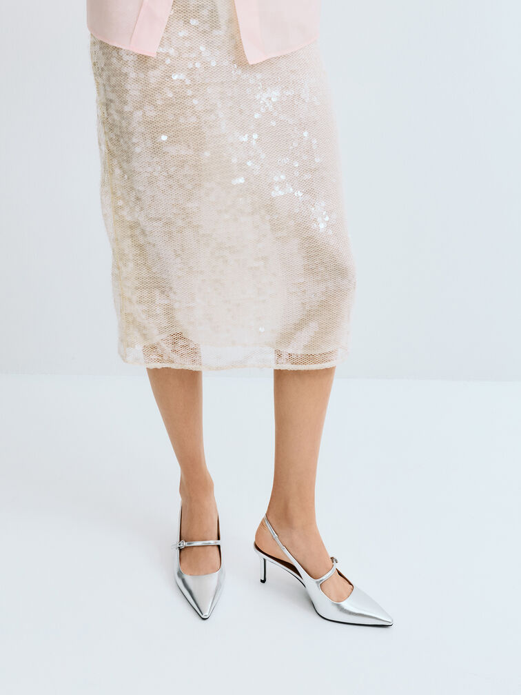 Metallic Pointed Slingback Mary Jane Pumps, Silver, hi-res