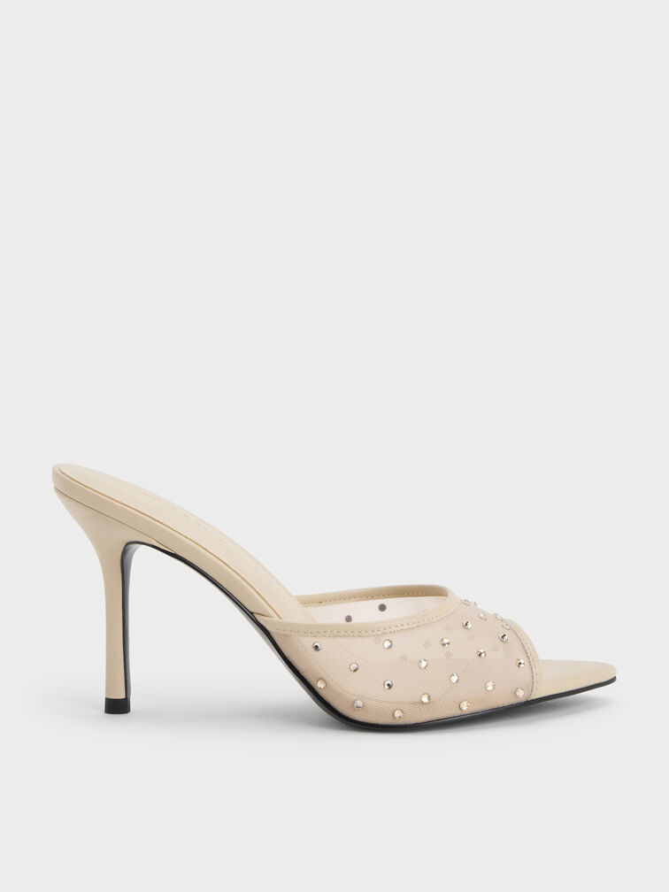 Mesh Crystal Peep-Toe Heeled Mules, Beige, hi-res