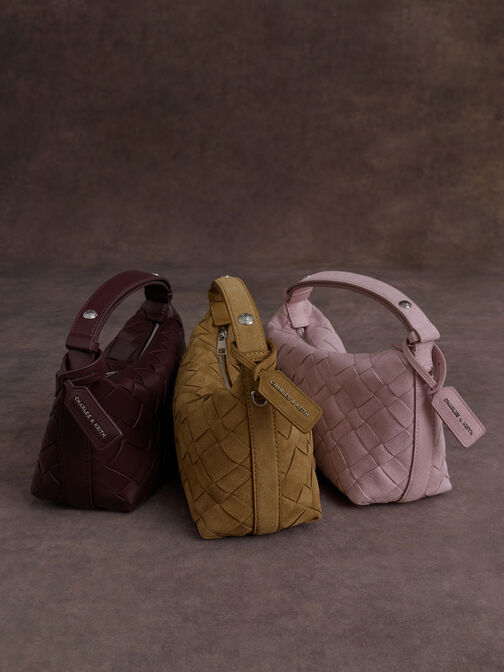 حقيبة كتف إيفيت بتصميم مضفور وتصميم معدني لامع, أحمر توتي فاخر, hi-res