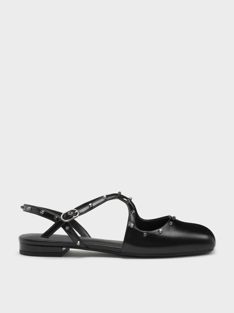 Studded Crossover Slingback Flats, Black, hi-res
