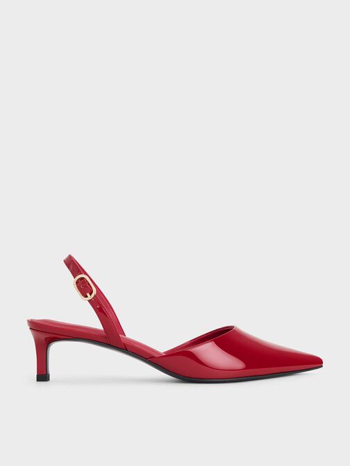 Patent Pointed Slingback Kitten Heels, Red, hi-res