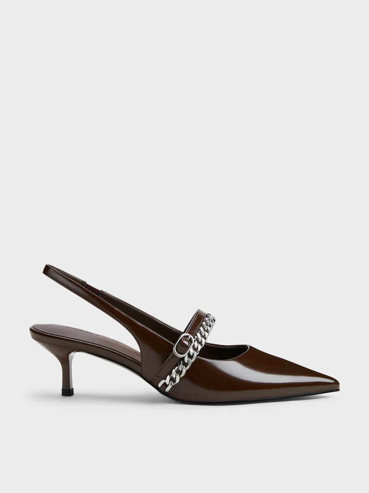 Georgie Chain Slingback Kitten Heels, Dark Brown, hi-res