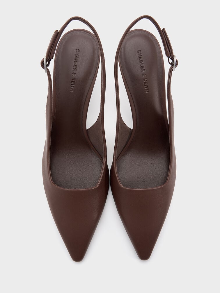 Pointed-Toe Kitten-Heel Slingback Pumps, Dark Brown, hi-res