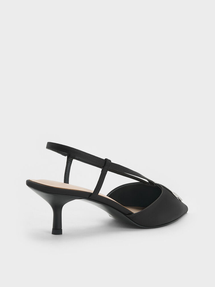 Crystal-Bow Kitten-Heel Slingback Pumps, Black Textured, hi-res