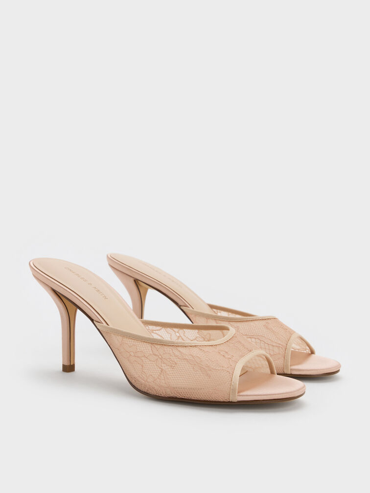 Lace Stiletto Mules, Nude, hi-res