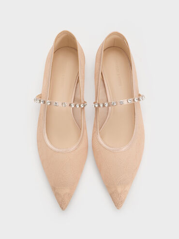 Lace & Satin Crystal Mary Jane Flats, Nude, hi-res