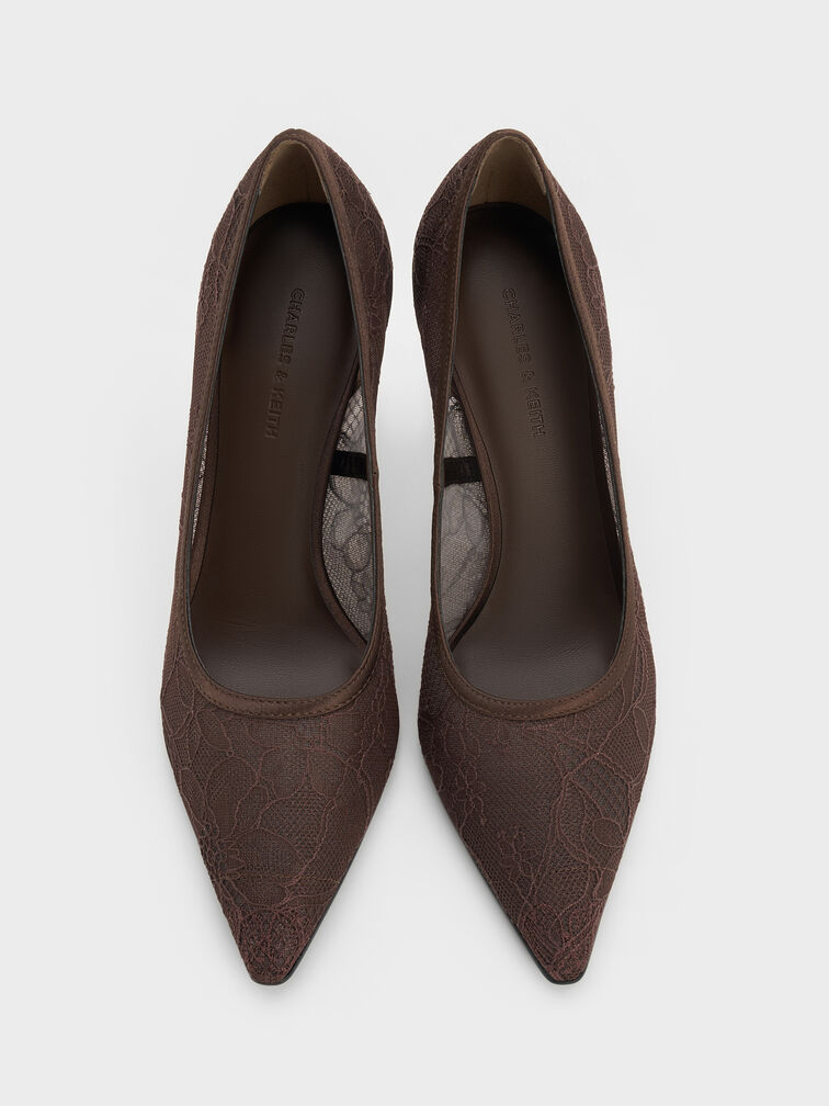 Lace & Satin Stiletto Pumps, Dark Brown Textured, hi-res