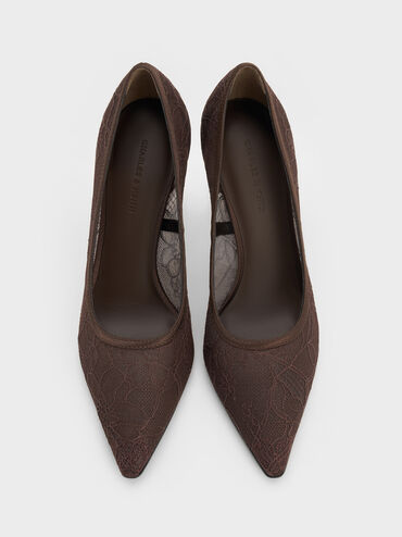 Lace & Satin Stiletto Pumps, Dark Brown Textured, hi-res