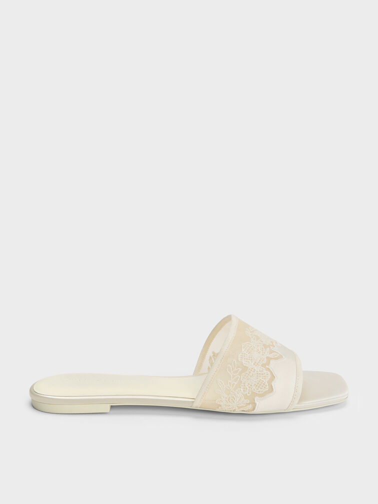 Satin Embroidered-Mesh Slide Sandals, White, hi-res