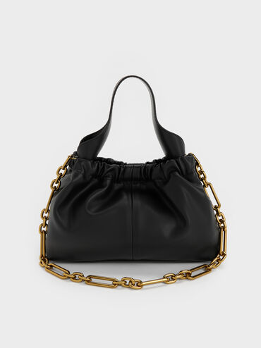 Ally Ruched Chain-Handle Bag, Black, hi-res