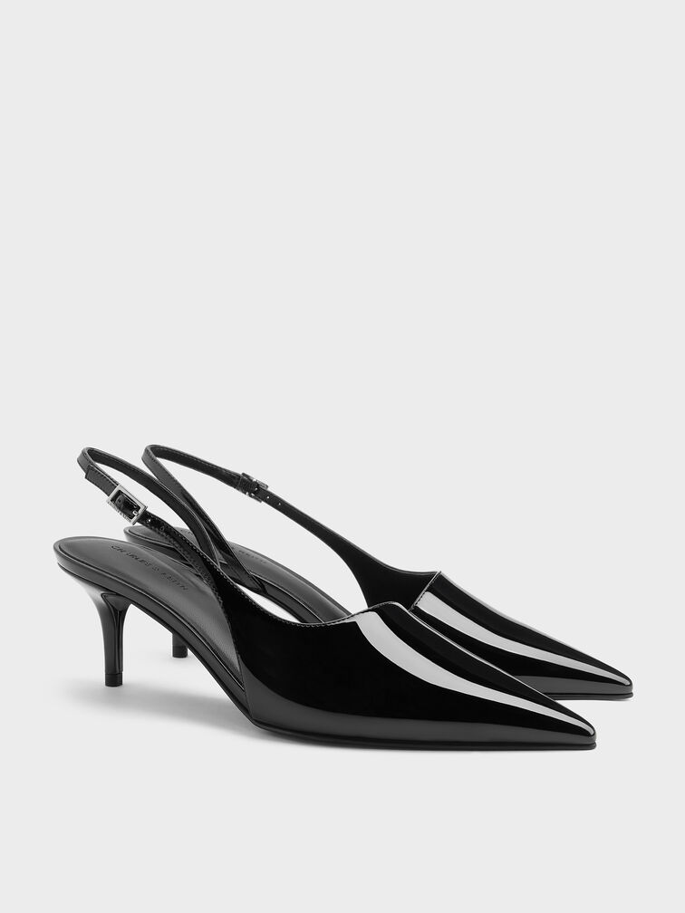 Patent Pointed Slingback Pumps, Black Patent, hi-res