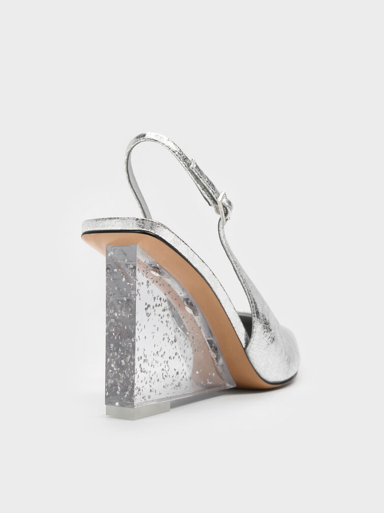 Metallic Speckled-Heel Slingback Wedges, Silver, hi-res