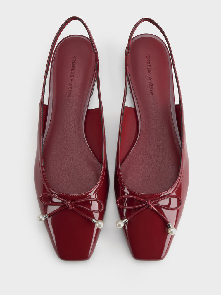 Barbara Patent Pearl-Bow Slingback Flats, Red, hi-res