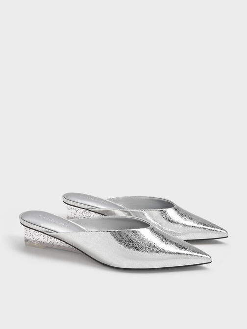 Metallic Speckled-Heel Wedge Mules​, Silver, hi-res