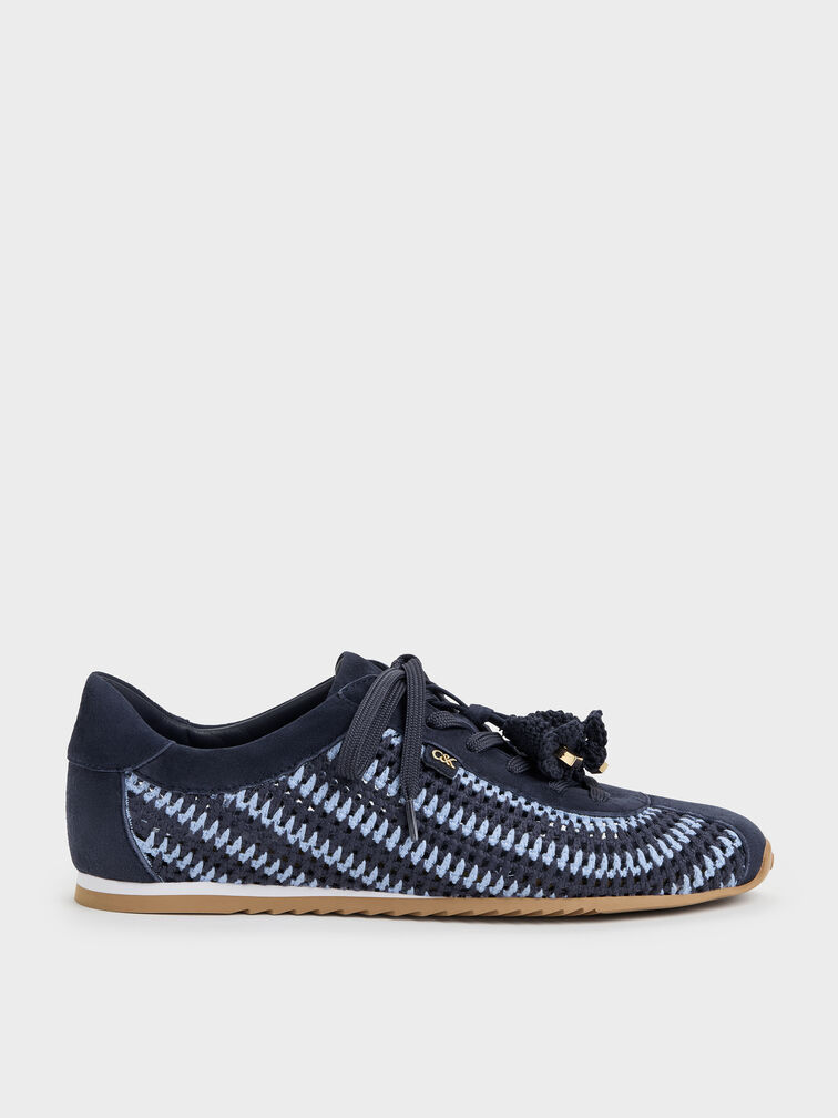 Jace Crochet & Suede Flower Sneakers, Blue, hi-res