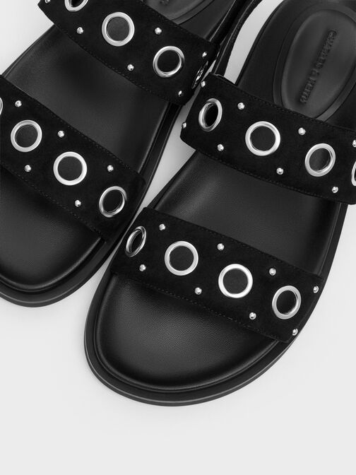 Faux Suede Grommet Slingback Sandals, Black Textured, hi-res