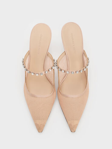 Lace & Satin Crystal Heeled Mules, Nude, hi-res