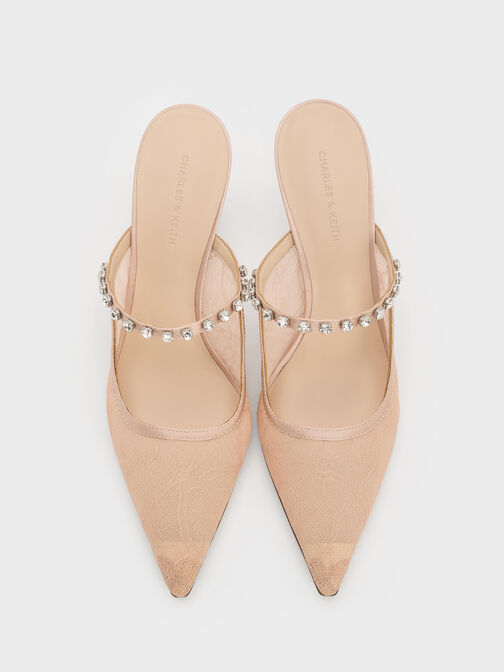 Lace & Satin Crystal Heeled Mules, Nude, hi-res