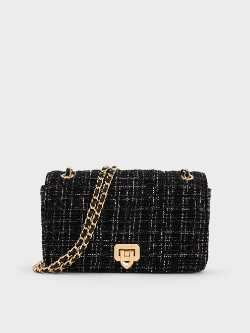 Arwen Tweed Diamond-Quilt Shoulder Bag, Black Tweed, hi-res