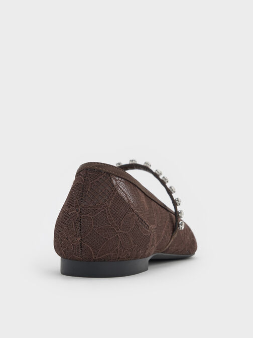 Lace & Satin Crystal Mary Jane Flats, Dark Brown Textured, hi-res