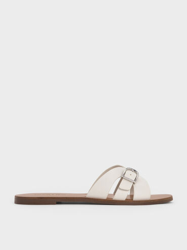 Belted Slide Sandals, White, hi-res