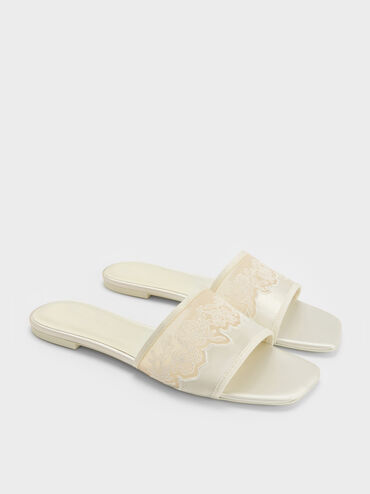 Satin Embroidered-Mesh Slide Sandals, White, hi-res