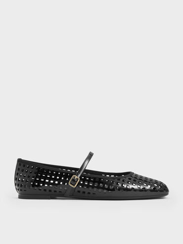 Patent Perforated Mary Jane Flats, Black Patent, hi-res