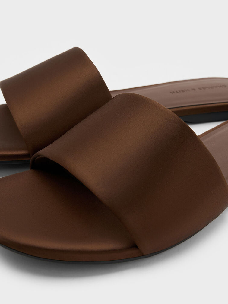 Satin Slide Sandals, Dark Brown, hi-res