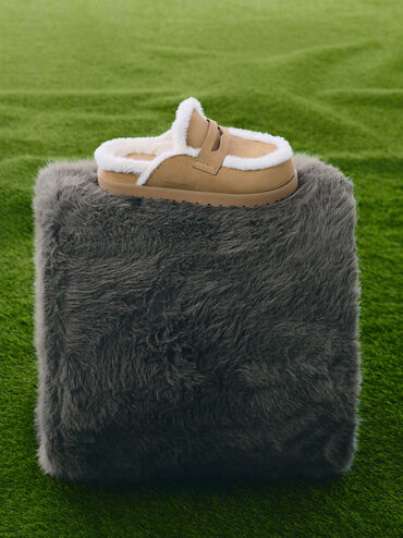 Furry Flatform Mules, Sand, hi-res