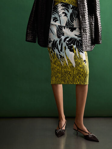 Crystal-Bow Kitten-Heel Slingback Pumps, Black Textured, hi-res