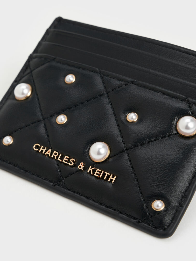 Janie Quilted Pearl Card Holder, Black, hi-res