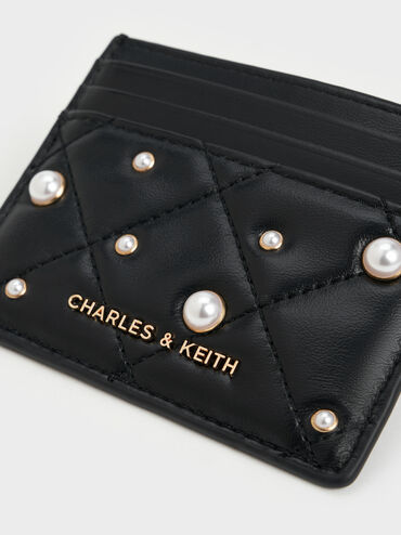 Janie Quilted Pearl Card Holder, Black, hi-res