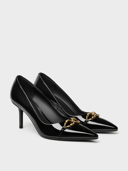 Patent Metallic-Buckle Pointed Pumps, Black Patent, hi-res