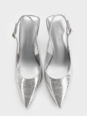 Metallic Speckled-Heel Slingback Wedges, Silver, hi-res