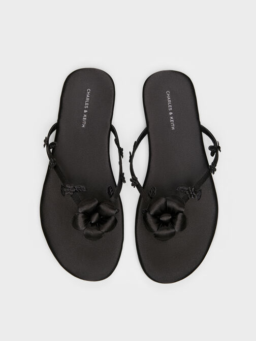 Puffy Flower Thong Sandals, Black Textured, hi-res
