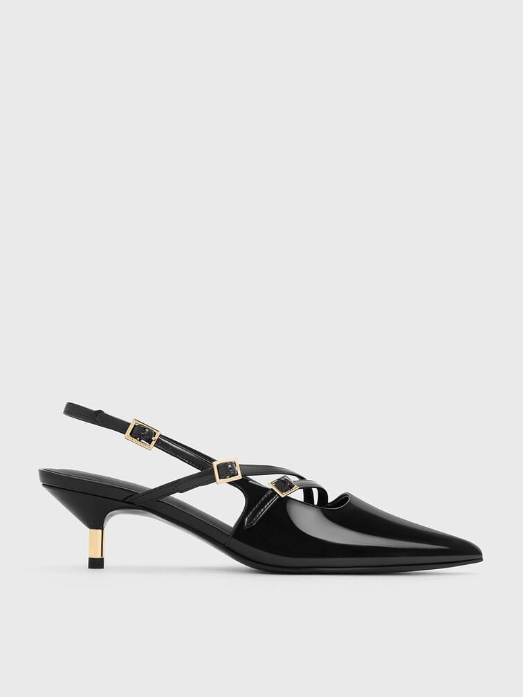 Patent Pointed Slingback Kitten Heels, Black Patent, hi-res